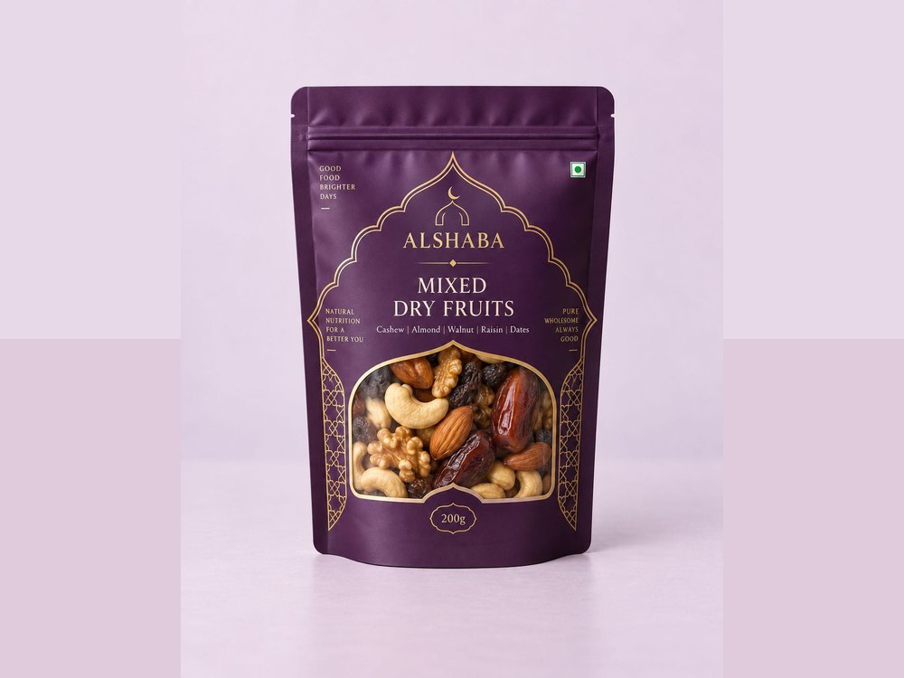 Mixed dry fruit stand-up pouch concept, purple design, front view