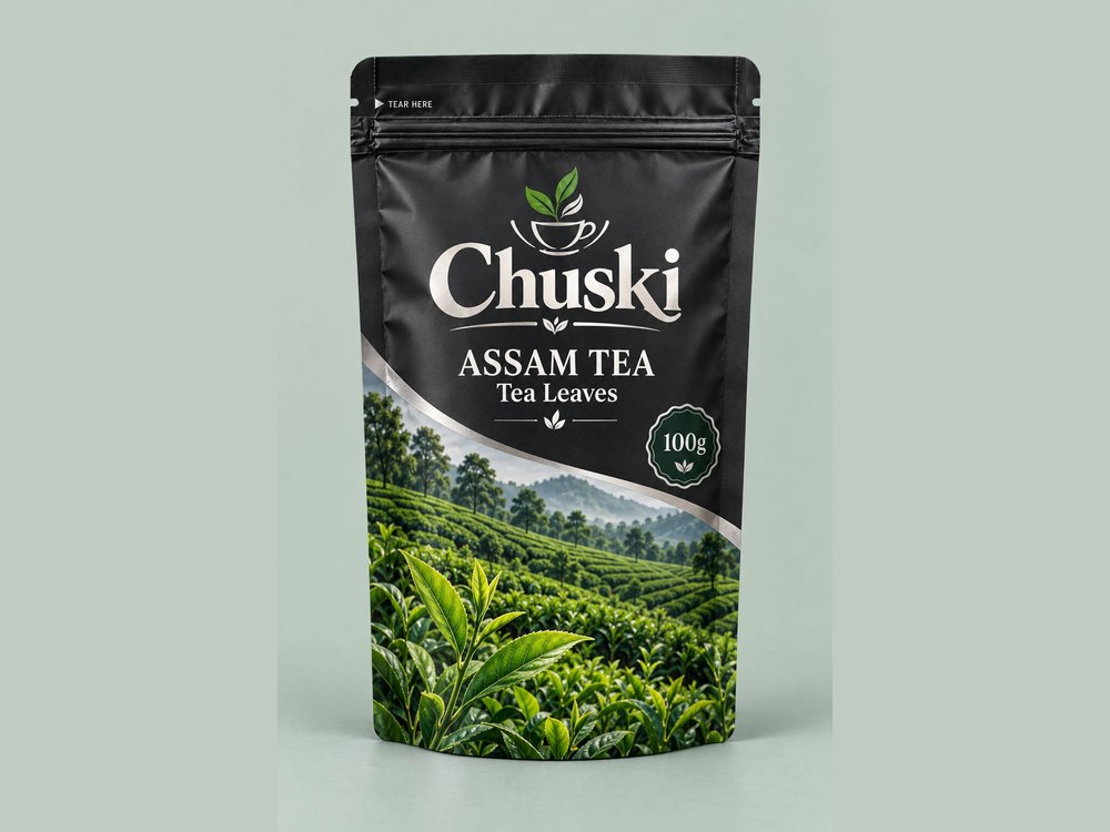 Assam tea stand-up pouch concept, black design, front view