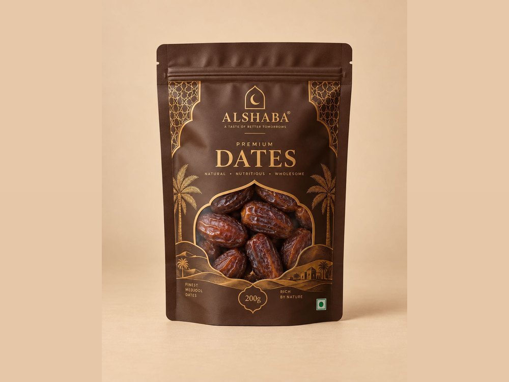 Dates stand-up pouch concept, brown design, front view
