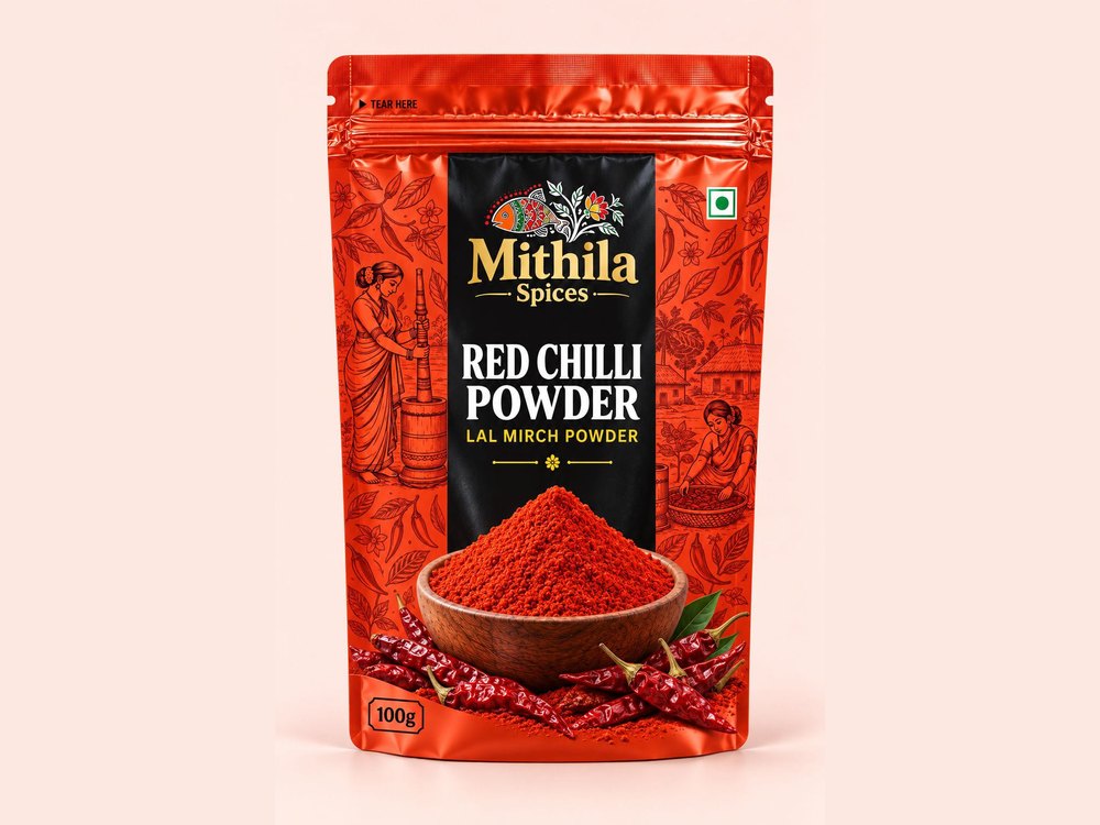 Red chilli powder stand-up pouch concept, front view